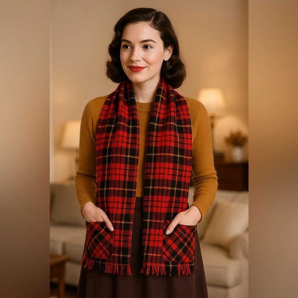 Vintage Wool Plaid Button Scarf Vest Wrap 1950s Tartan Pockets Convertible